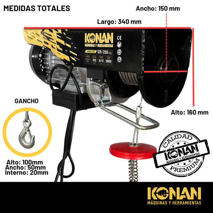 Aparejo Electrico Konan 250Kg 12 Mts Elevacion Maxima 510W - Vista 3