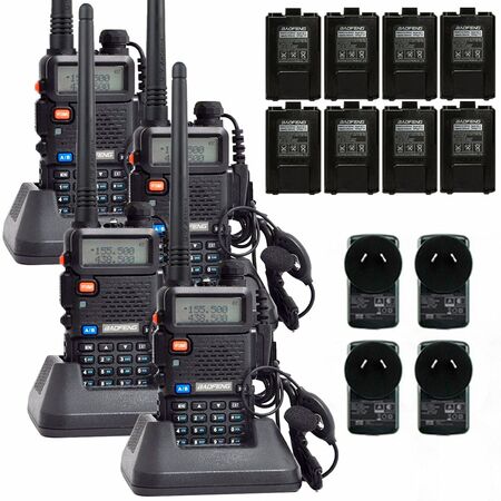 Handy Baofeng UV-5R Kit x4 Bi-Banda 8w Hasta 12km + 8 Baterías y 4 Manos Libres