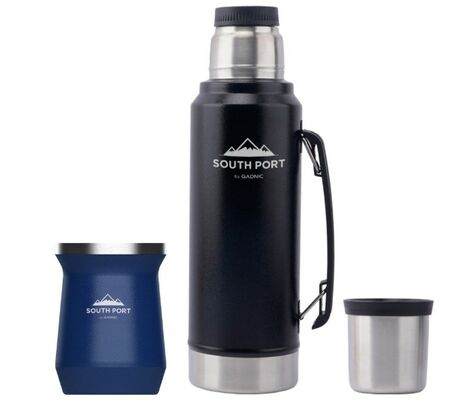 Kit de Termo Negro y Mate Azul South Port 1L Acero Inoxidable