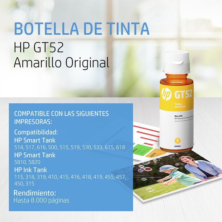 Botella de Tinta Hp GT52 Amarillo Original M0H56AL Deskjet Gt5820 8000p - Vista 2