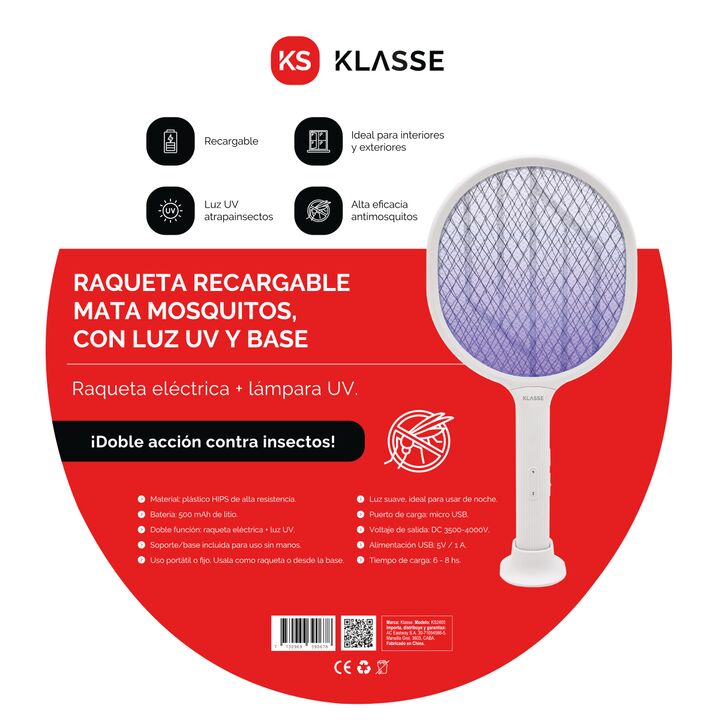 Raqueta Mata Mosquitos Recargable usb Con Base Klasse (KS2400) - Vista 9