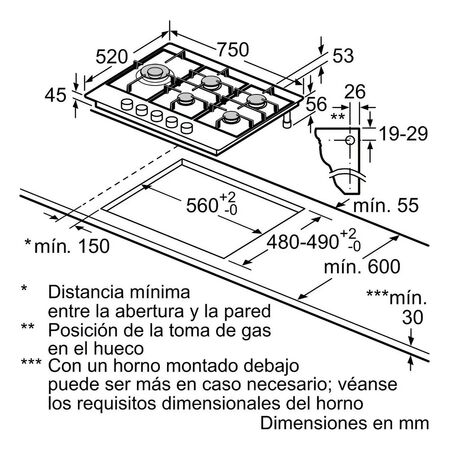Anafe a gas BOSCH 5 hornallas 75cm Acero Inoxidable