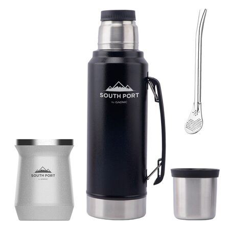 Kit de Termo Negro 1L, Mate Blanco y Bombilla South Port Acero Inoxidable
