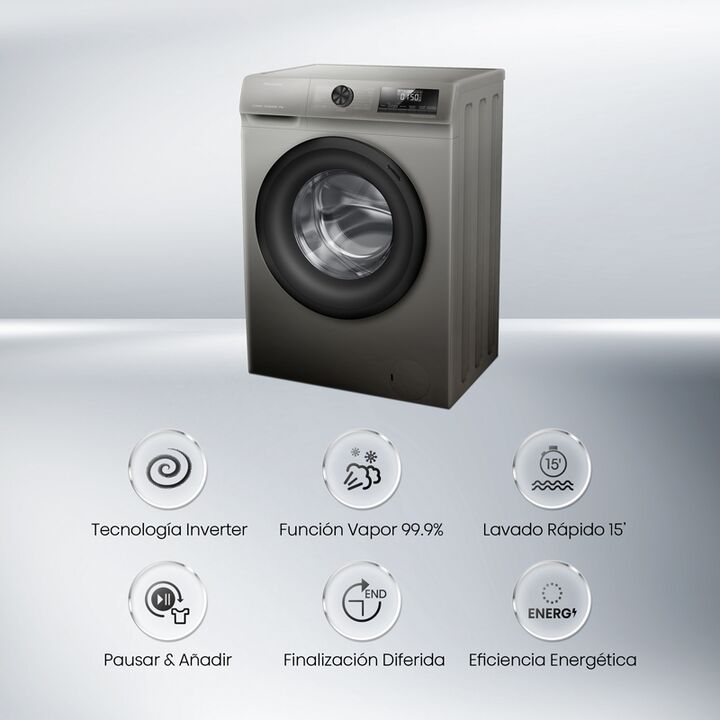 Lavarropas HISENSE WFQP8014T 8kg inverter 1400rpm gris - Vista 2