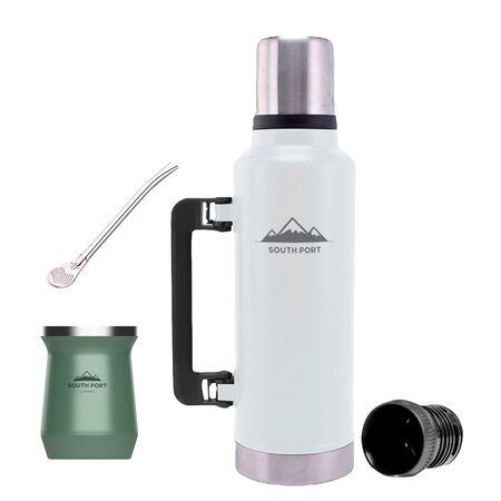 Kit de Termo Blanco 1.3 Litros, Mate Verde y Bombilla South Port Acero Inoxidable