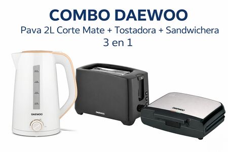 Combo Daewoo Pava 2L Corte Mate + Tostadora + Sandwichera 3 en 1