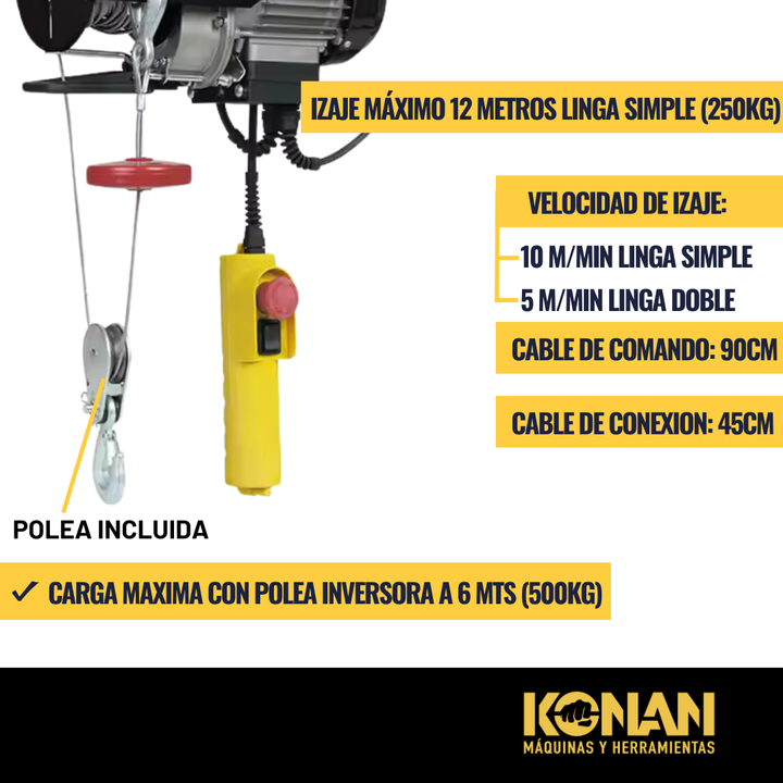 Aparejo Electrico Konan 500Kg 12 Mts Elevacion Maxima 1000W - Vista 4