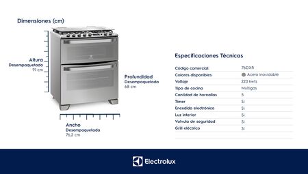 Cocina ELECTROLUX 76DXR 76cm doble horno multigas acero inox