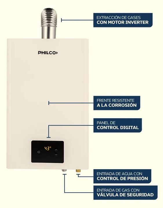 Calefn Philco PHCA14B 14L Gas Natural Sin llama piloto Tiro Forzado Blanco clase A - Vista 3