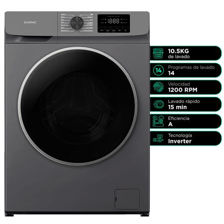 Lavarropas Automatico Gadnic 10.5 Kg Carga Frontal 14 Programas Inverter 1200 RPM Gris Oscuro