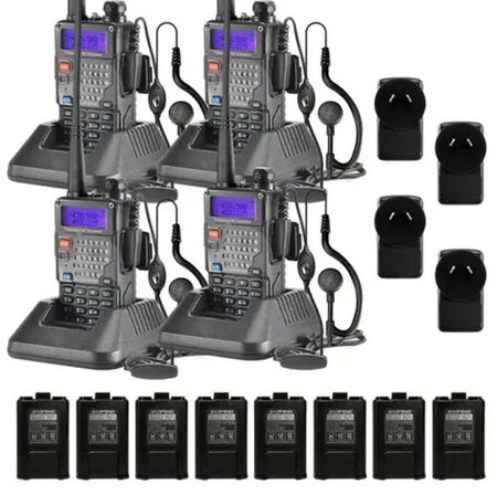 Handy Baofeng UV-5RE Kit x4 Bi-Banda 5w 128CH Hasta 10km + 8 Baterías y 4 Manos Libres