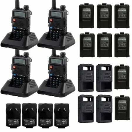 Handy Baofeng UV-5R Kit x4 Bi-Banda 8w c/ Funda Hasta 12km + 8 Baterías y 4 Manos Libres