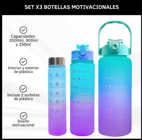 Botellas Motivacionales Set X3 Degrade Plástico Con Pico Color - Vista 2