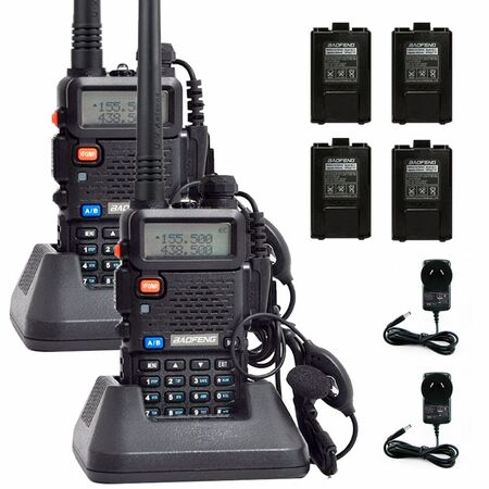 Handy Baofeng UV-5R Kit x2 Bi-Banda 8w Hasta 12km + 4 Baterías y 2 Manos Libres
