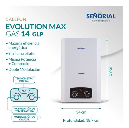 Calefon a gas SEÑORIAL EVOLUTION MAX 14 lts sin llama piloto GAS ENVASADO