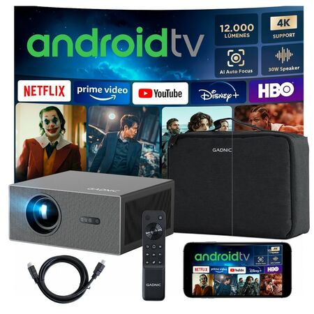 Proyector Gadnic C45 4K 12000 Lúmenes Android TV AutoFocus Bolso Transportador HDMI 15mts