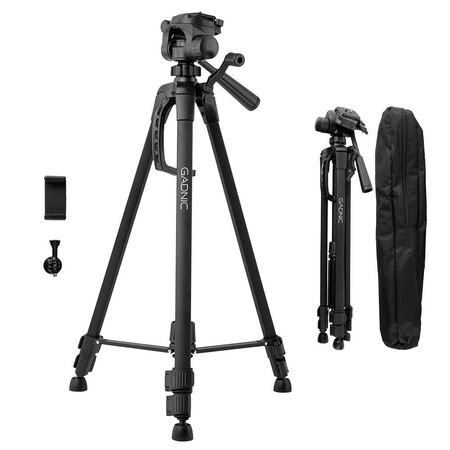 Trípode Cámara Gadnic T-3 Aluminio 1,40mt Cabezal 90° Bloqueo Flip Gancho Contrapeso