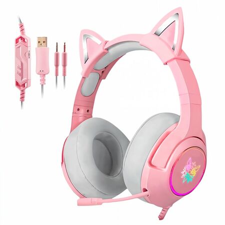 Auriculares Onikuma K9 Orejas Gato RGB Con Micrófono Rosa