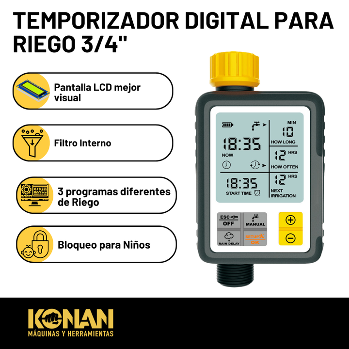 Timmer / Temporizador Digital para Riego 3/4" Konan - Vista 2