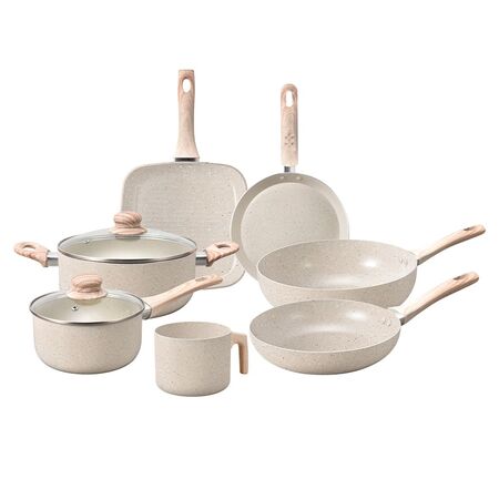 Batería de Cocina Set de Ollas Cuk By Gadnic 9 Piezas Granito Stone Antiadherente Tapa Vidrio Templado