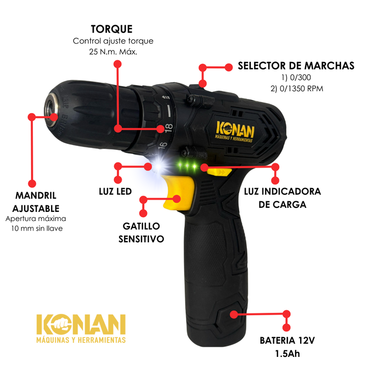 Taladro de Impacto Konan a bateria 12v + maletin - Vista 4