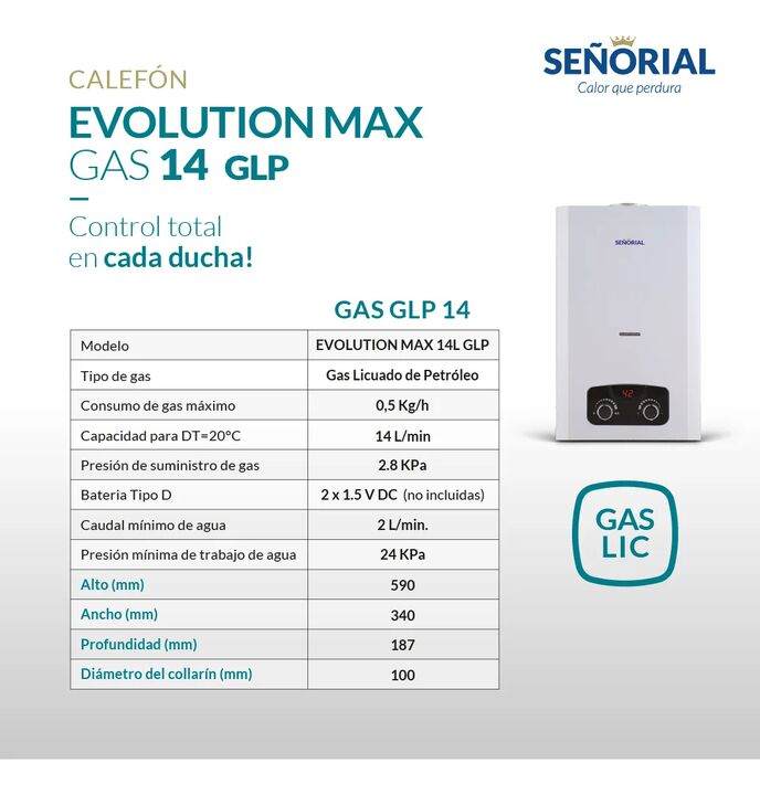 Calefon a gas SEÑORIAL EVOLUTION MAX 14 lts sin llama piloto GAS ENVASADO - Vista principal