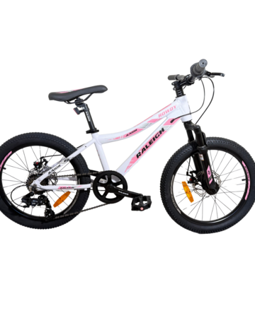 Bicicleta Raleigh Rowdy D / Blanco/Rosa / Frenos a disco mecánicos / Cuadro de aluminio / 7Vel. / Rodado 20".