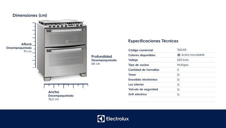 Cocina ELECTROLUX 76DXR 76cm doble horno multigas acero inox - Vista 8