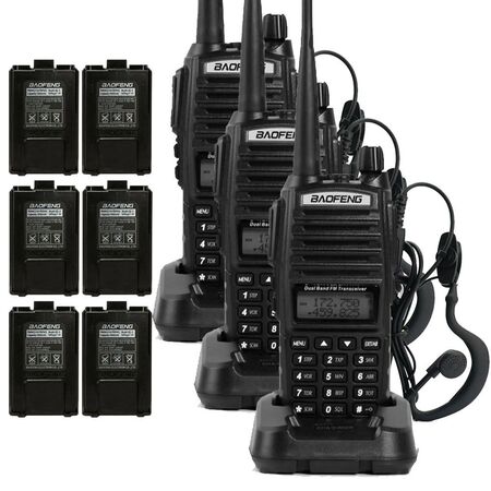 Handy Baofeng UV-82 10w Kit x3 Bi-Banda 128CH Hasta 20km + 6 Baterías y 3 Manos Libres