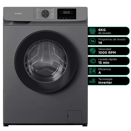 Lavarropas Gadnic 6 kg Inverter 1000 RPM 14 Programas 1850W Clase A Gris