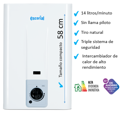 Calefon a gas ESCORIAL CE-14L 14lts gas natural sin llama piloto clase A