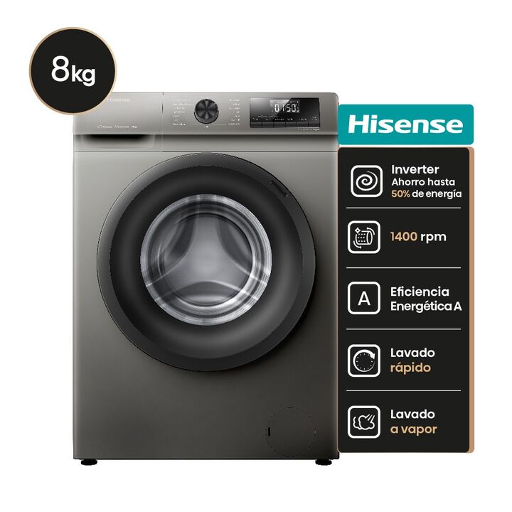 Lavarropas HISENSE WFQP8014T 8kg inverter 1400rpm gris - Vista principal