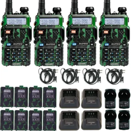 Handy Baofeng UV-5R 8w Camuflado Bi-Banda Kit x4 Hasta 12km + 8 Baterías y 4 Manos Libres