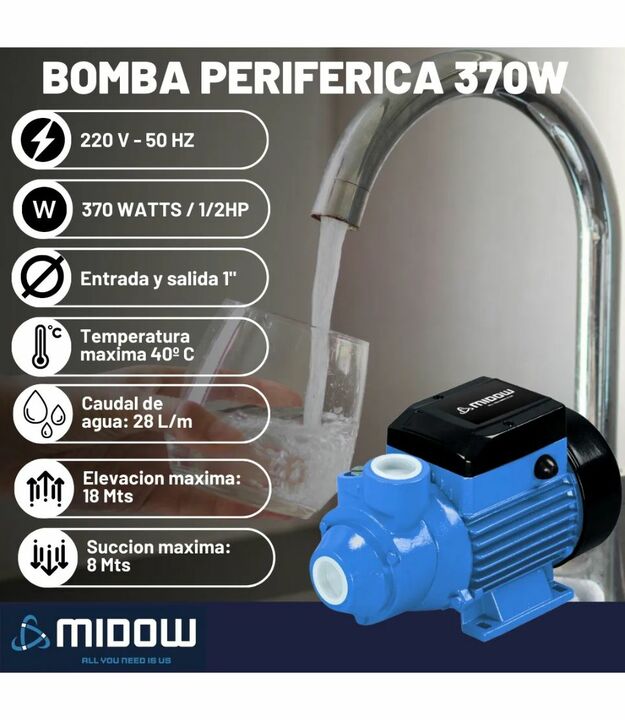Bomba Periférica Midow 370W 28 L/min 18m Succión 8m - Vista 4