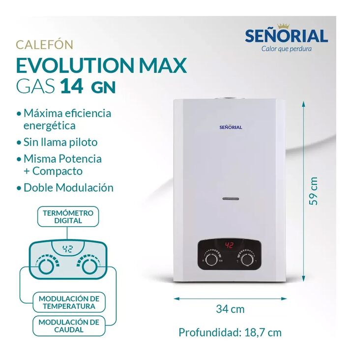 Calefon a gas SEÑORIAL EVOLUTION MAX 14 lts sin llama piloto GAS NATURAL - Vista 4