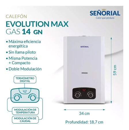 Calefon a gas SEÑORIAL EVOLUTION MAX 14 lts sin llama piloto GAS NATURAL
