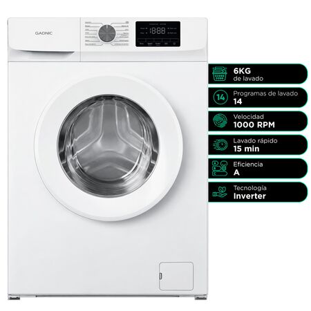 Lavarropas Gadnic 6 kg Inverter 1000 RPM 14 Programas 1850W Clase A Blanco