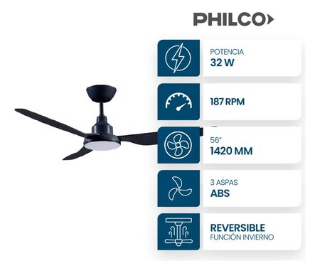 Ventilador de Techo Philco TEN56315LN 56" Negro 3 palas luz control