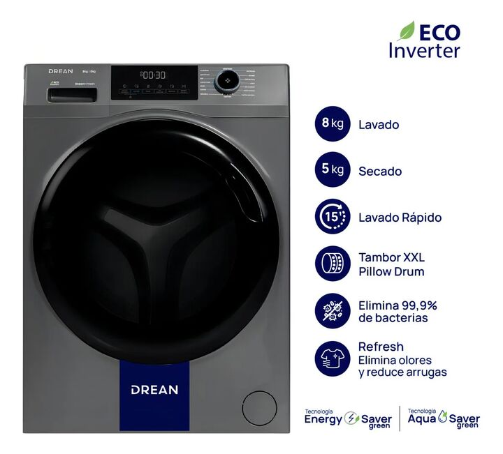 Lavasecarropas Ecoinverter 8 Kg Gris Drean Lscdr0805sg0 - Vista 1