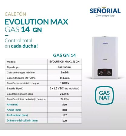 Calefon a gas SEORIAL EVOLUTION MAX 14 lts sin llama piloto GAS NATURAL