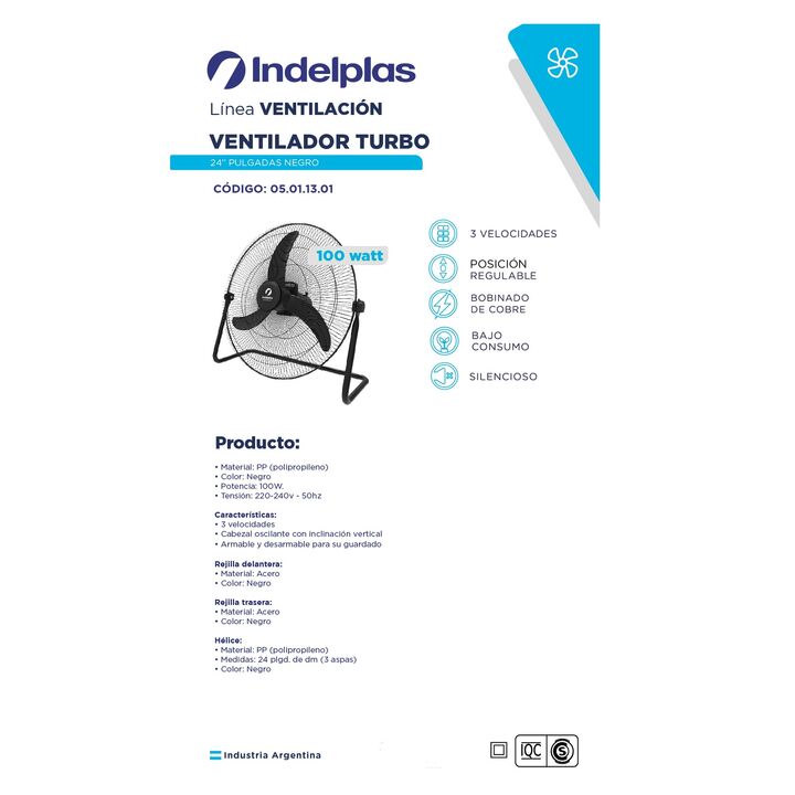 VENTILADOR TURBO INDELPLAS - NEGRO, 24" IVI24, 100W, 3 PALETAS, 3 VELOC., PISO. (05.01.13.01) - Vista 2
