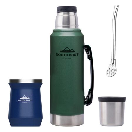 Kit de Termo Verde 1L, Mate Azul y Bombilla South Port Acero Inoxidable