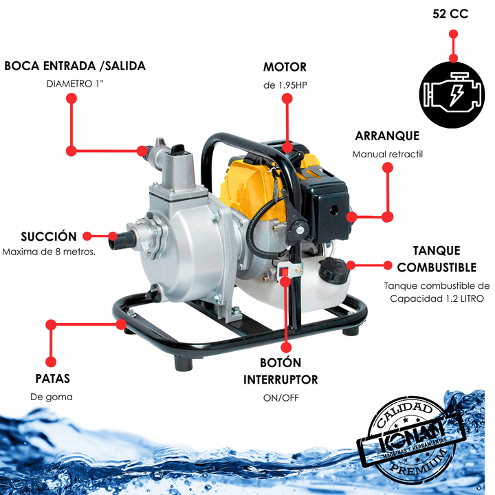 Motobomba Agua Naftera 1 Pulgada 1,95 Hp Succion 52cc Konan - Vista 4