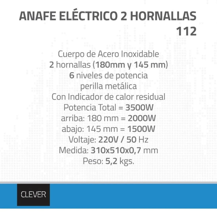 Anafe Electrico CLEVER 2 Hornallas Acero Inoxidable - Vista 3