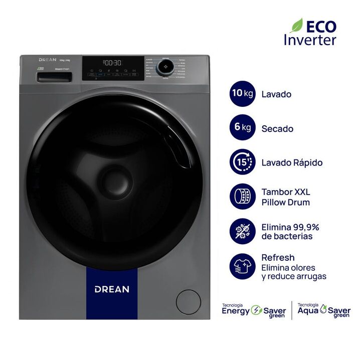 Lavasecarropas DREAN LSCDR1006SG0 10kg 1400RPM inverter 6kg secado por calor gris - Vista principal