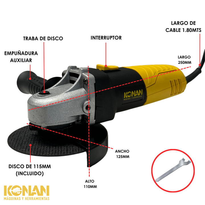 Amoladora Angular Konan 115mm 720w Profesional Con Disco Corte - Vista 3