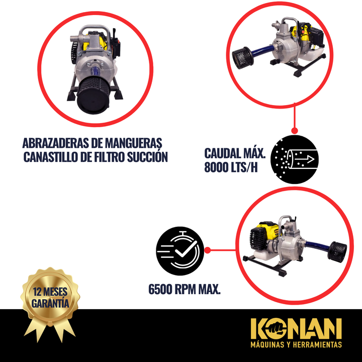Motobomba Agua Naftera 1 Pulgada 1,95 Hp Succion 52cc Konan - Vista 5