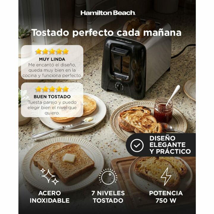Tostadora Hamilton Beach 22614VAR Acero Inoxidable 2 rodajas 750W 7 niveles - Vista 2