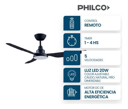 Ventilador de Techo Philco TEN56315LN 56" Negro 3 palas luz control