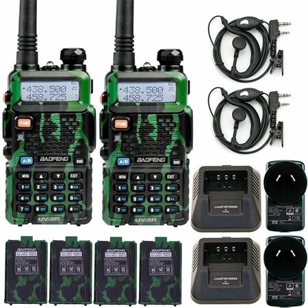Handy Baofeng UV-5R 8w Camuflado Bi-Banda Kit x2 Hasta 12km + 4 Baterías y 2 Manos Libres